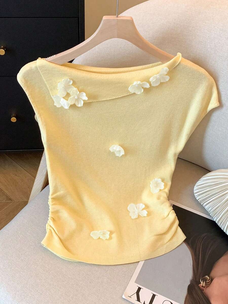 SHEIN 女式优雅 3D 花卉装饰针织毛衣上衣，夏季 - 黃色 - 查看 1