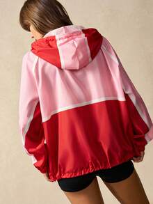VARSIVA Contrast Color Drawstring Zipper Front Hooded Loose Casual Women Outdoor Jackets - Multicolor - View 7