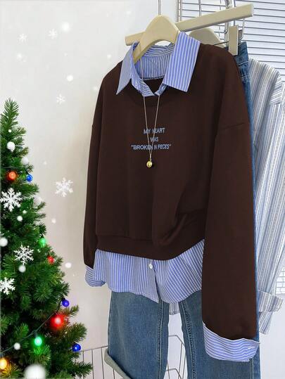 INAWLY Felpa casual da donna con colletto a righe, stampa con slogan, spalle scoperte, maniche lunghe, autunnale