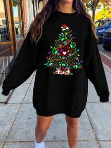 EMERY ROSE Plus Size Holiday Dress, Christmas Themed Graphic Print, High-Quality Dye Sublimation Pullover Sweatshirt - Black - View 1