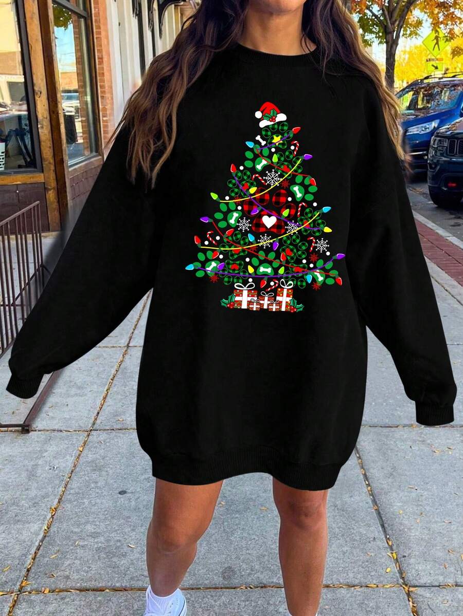 EMERY ROSE Plus Size Holiday Dress, Christmas Themed Graphic Print, High-Quality Dye Sublimation Pullover Sweatshirt - Black - View 1