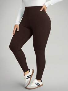 Comfylo 大码女式休闲纯色高腰打底裤 - 巧克力棕 - 查看 5