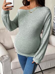 SHEIN Autumn And Winter Maternity Casual Solid Color Asymmetric Collar T-Shirt, Autumn Green Long Sleeve Top - Mint Green - View 3