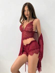 Aloruh 4pcs Women's Underwear Set (Wireless Bra, Briefs, Robe, Belt) Silky And Elegant, Party, New Year, Gathering, Without Sternum, Suitable For Home Use As A Matching Bra, Robe, Red Lingerie Pajama Set - Burgundy - View 5