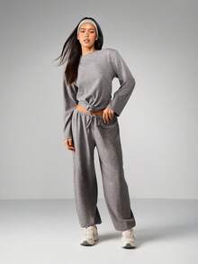 MISSGUIDED Marl Grey Long Sleeve Knot Detail Top And Wide Leg Balloon Pant Coordinating Set For Women Casual Loungewear - Grey - View 1