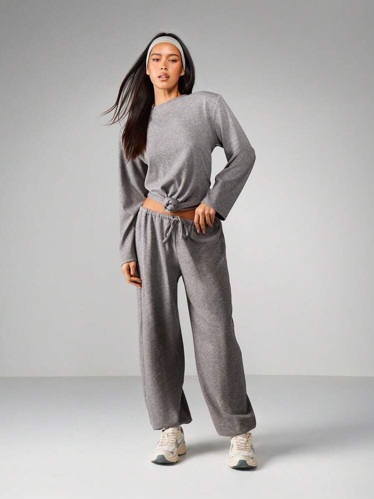 MISSGUIDED Marl Grey Long Sleeve Knot Detail Top And Wide Leg Balloon Pant Coordinating Set For Women Casual Loungewear