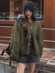 DAZY 柔软宽松圆领女式复古宽松开衫，秋冬款 - 軍綠色 - 查看 9