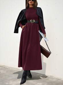 Aveloria Modichic 优雅简约拼接收腰长袖秋季长款女士连衣裙女士优雅连衣裙 - 紅色 - 查看 6