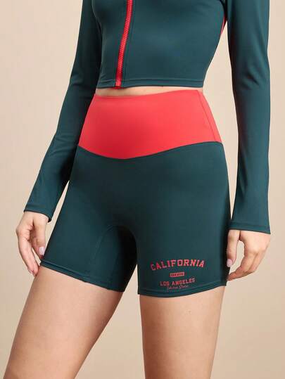 Cheerettes Pantalones cortos de mujer con estampado de letras y contraste de colores, casuales y para hacer ejercicio