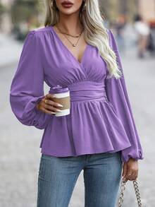SHEIN LUNE Solid Color V-Neck Long Sleeve Ruched Simple Casual Shirt Peplum Top - Purple - View 6