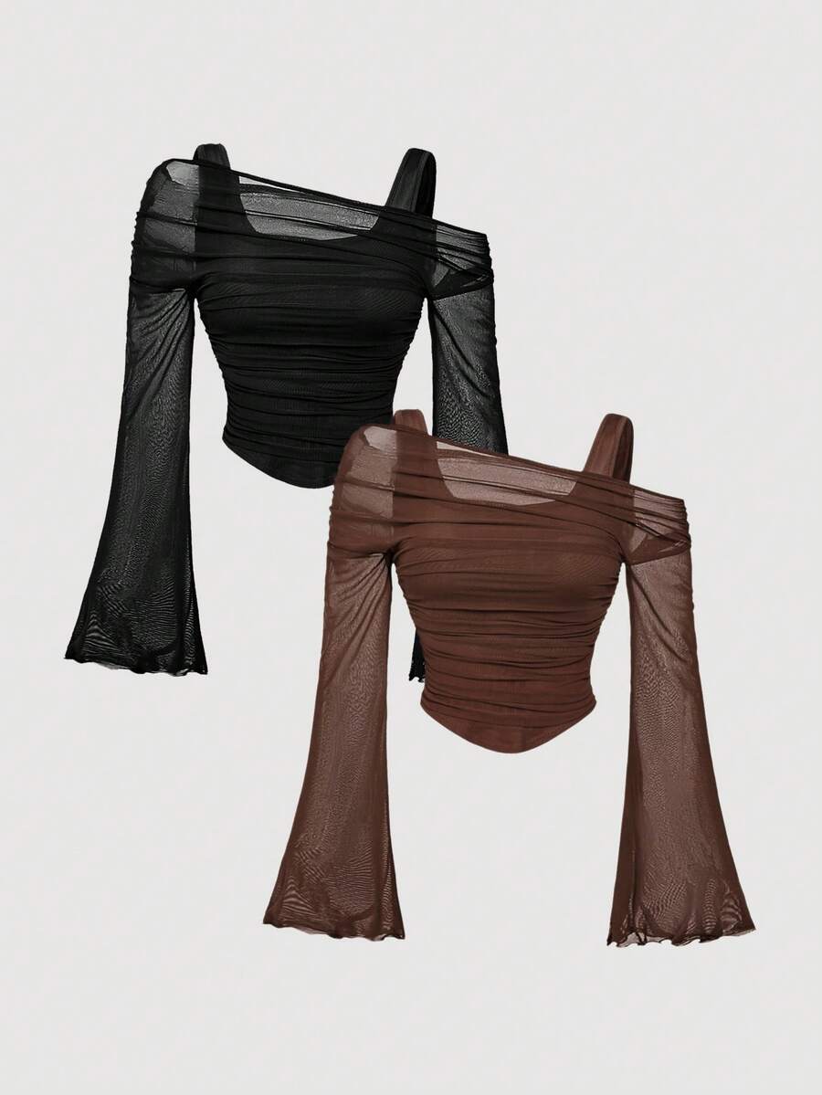 SHEIN MOD 2 chiếc áo thun tay chuông vai bất đối xứng màu nâu và đen - màu nâu - Xem 1