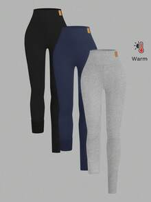 SHEIN EZwear 3件套女士纯色保暖打底裤，秋冬季