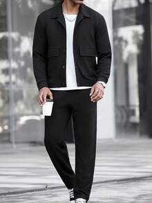 Manfinity CasualCool 2pcs Men Casual Loose Fit Long Sleeve Top And Pants Co-Ord Set Men 2 Pieces Set Men Black Outfit Co Ords Men Black Two Pieces Set Men Black And White Outfit Men 2 Pieces Leisure - Black - View 1