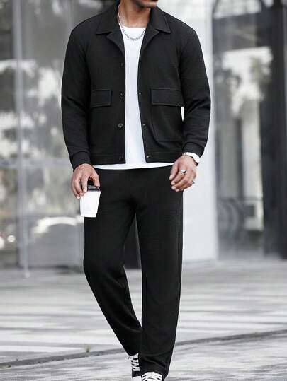 Manfinity CasualCool 2pcs Men Casual Loose Fit Long Sleeve Top And Pants Co-Ord Set Men 2 Pieces Set Men Black Outfit Co Ords Men Black Two Pieces Set Men Black And White Outfit Men 2 Pieces Leisure