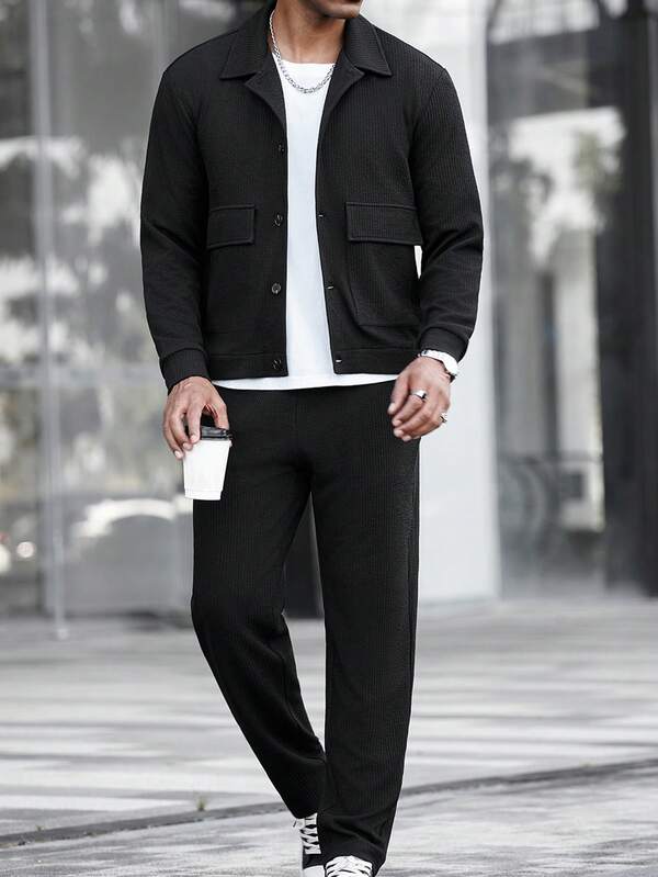 Manfinity CasualCool 2pcs Men Casual Loose Fit Long Sleeve Top And Pants Co-Ord Set Men 2 Pieces Set Men Black Outfit Co Ords Men Black Two Pieces Set Men Black And White Outfit Men 2 Pieces Leisure