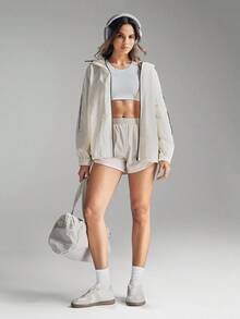 SHEIN Sports 女士休闲运动撞色滚边连帽宽松拉链长袖外套健身套装女式夹克女士运动休闲宽松健身服桑拿夹克健身服女式加大码 - 杏色 - 查看 4