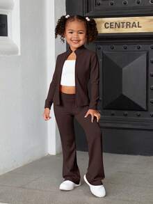 SHEIN Young Girl 2pcs Set Stand Collar Zipper Solid Color Long Sleeve Top And Long Pants,Pint,Great For Casual & Daily Wear & School Daily In Summer & Autumn - Brown - View 2