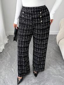 Elenzga 大码女式优雅印花弹力针织裤，高腰精致金属扣直筒裤，适合各种场合，优雅旅行，日常通勤，工作裤