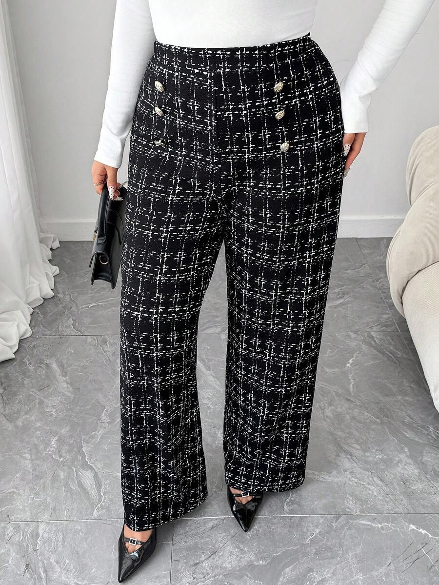 Elenzga 大码女式优雅印花弹力针织裤，高腰精致金属扣直筒裤，适合各种场合，优雅旅行，日常通勤，工作裤