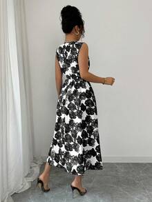 Rafferiza 女士优雅印花中长连衣裙 - 黑與白 - 查看 2
