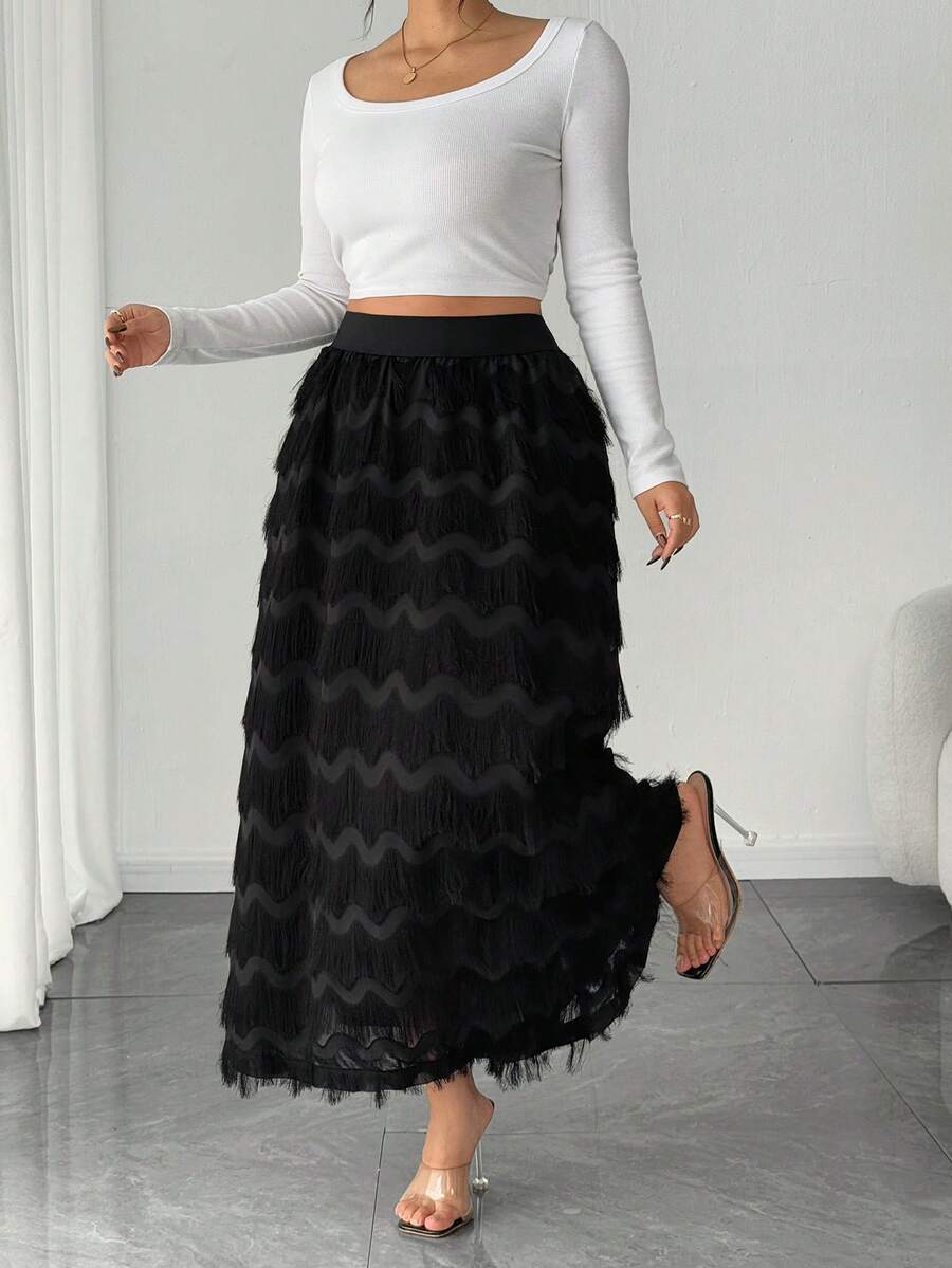 Elenzga Falda de gasa con recortes elegante para mujer de talla grande, otoño/invierno - Negro - Ver 1