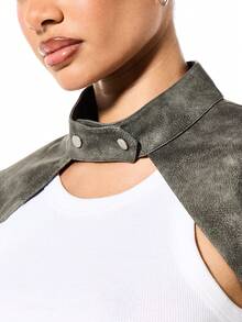 SUMWON WOMEN Extreme Cropped Moto Jacket With Cut Out Chest Detail And Stud Belt - Black - View 7