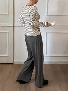DAZY Women's Casual Striped Top And Solid Color Pants Pajama Set, Autumn/Winter - Black - View 2