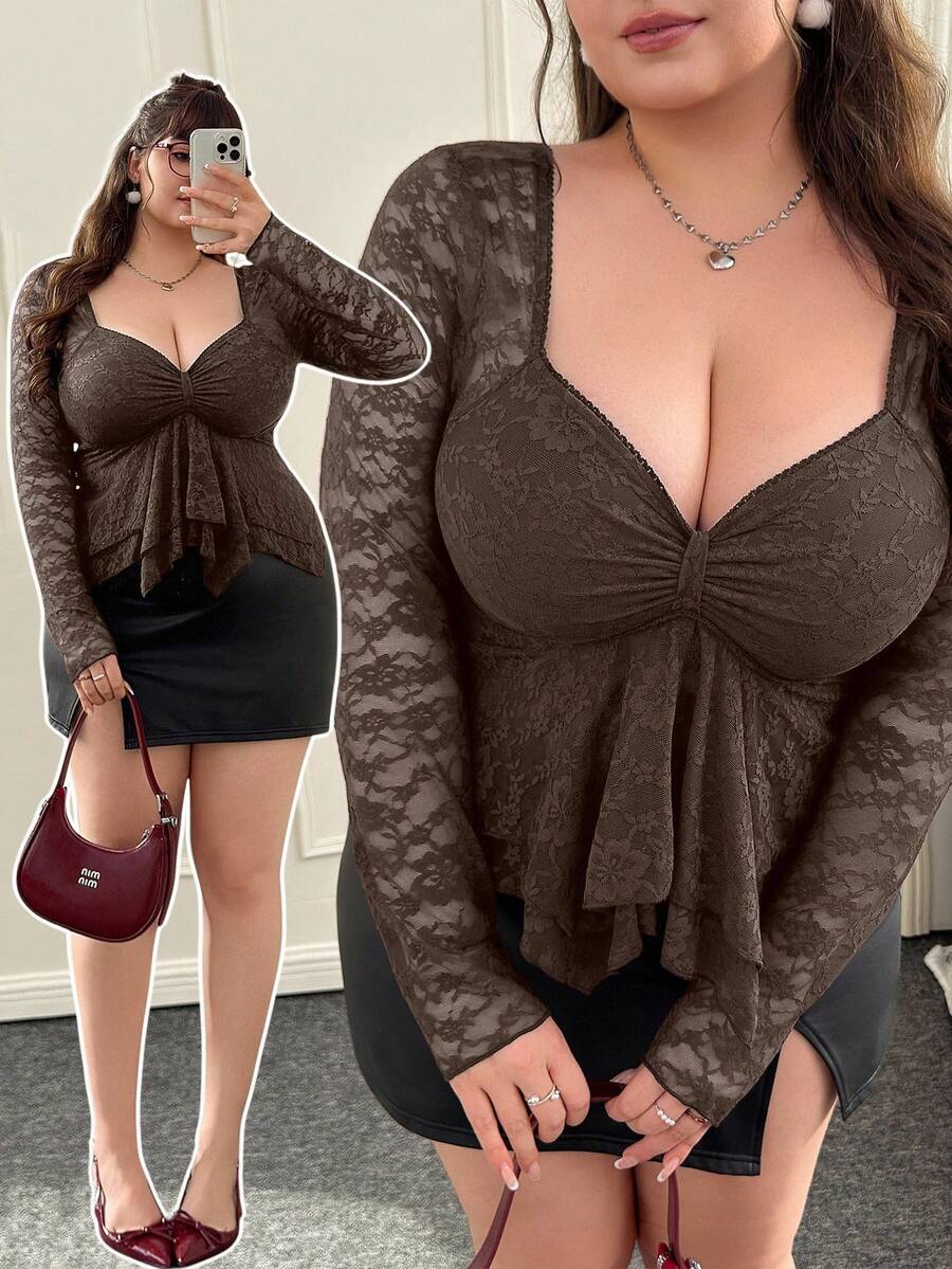 CovetEZ Plus Size Elegant Solid Color Lace Long Sleeve T-Shirt, Autumn - Brown - View 1