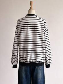 SHEIN Sweetra Young 少女休闲校园日常条纹百搭字母印花套头衫 - 黑與白 - 查看 2