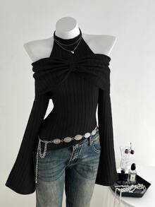 Elamini 1件女士炭灰色秋冬个性化精致露肩系带蝴蝶结设计不对称下摆弹力针织休闲毛衣 - 黑色 - 查看 5