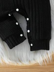 SHEIN Newborn Ribbed Knit Casual Long Sleeve Jumpsuit With Round Neck And Shoulder Opening, Comes With Adorable Hat - Black - View 7