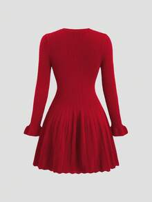 GlowEve 初秋法式优雅风藏青色镂空复古荷叶边下摆优雅长袖短款针织连衣裙 - 紅木色 - 查看 2