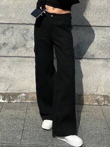 DAZY Pantaloni cargo vintage mimetici americani, vestibilità dritta e ampia, pantaloni casual lavati con tasche multiple per donne jeans - nero - Visualizzare 5