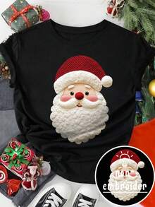 EMERY ROSE Creative Santa Claus Pattern Printed Casual T-Shirt With Additional Features - Black - View 1