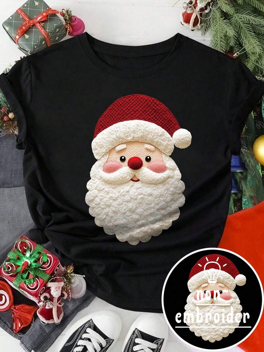 EMERY ROSE Creative Santa Claus Pattern Printed Casual T-Shirt With Additional Features - Black - View 1