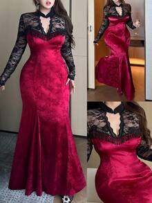 Vibekara Christmas Plus Size V-Neck Cheongsam Collar Button Lace Sheer Floral Trim Long Sleeve Stretchy Elegant Patchwork A-Line Knee-Length Black Vacation Party Cocktail Dress For Women Burgundy Lehenga