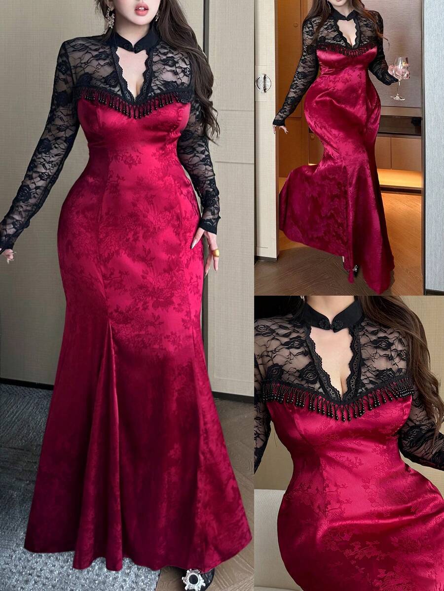 Vibekara Christmas Plus Size V-Neck Cheongsam Collar Button Lace Sheer Floral Trim Long Sleeve Stretchy Elegant Patchwork A-Line Knee-Length Black Vacation Party Cocktail Dress For Women Burgundy Lehenga