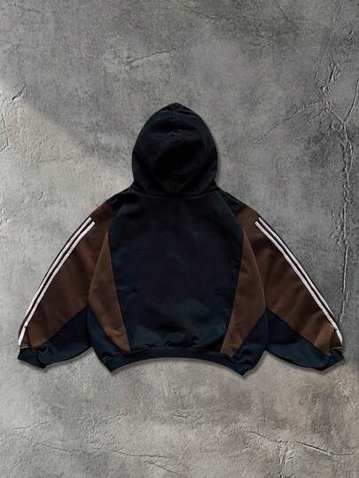 Street Life Men's Patchwork Contrast Color Hoodie, Loose Cropped Style