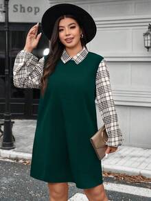 SHEIN LUNE 大码女式秋冬格子图案撞色袖衬衫领长袖休闲连衣裙感恩节装扮节日派对连衣裙女式派对连衣裙 - 綠色 - 查看 1
