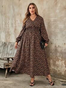 SHEIN LUNE Plus Size Fall Clothes All Over Print Shirred Leopard Long Sleeve Dress/Fall Dresses/Fall Women Outfits Fall Wedding Guest Dress Elegant Women Dresses Business Casual Woman Work Dress Business Dress