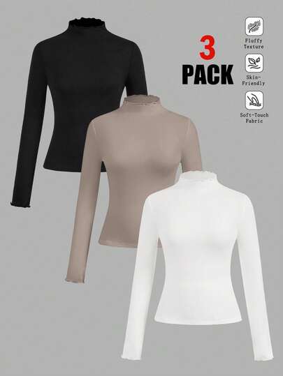 Slaydiva 3 قطع/مجموعة تي شيرت بياقة عالية أكمام طويلة بلون أساسي متعدد الاستخدامات، مناسب للخريف/الشتاء