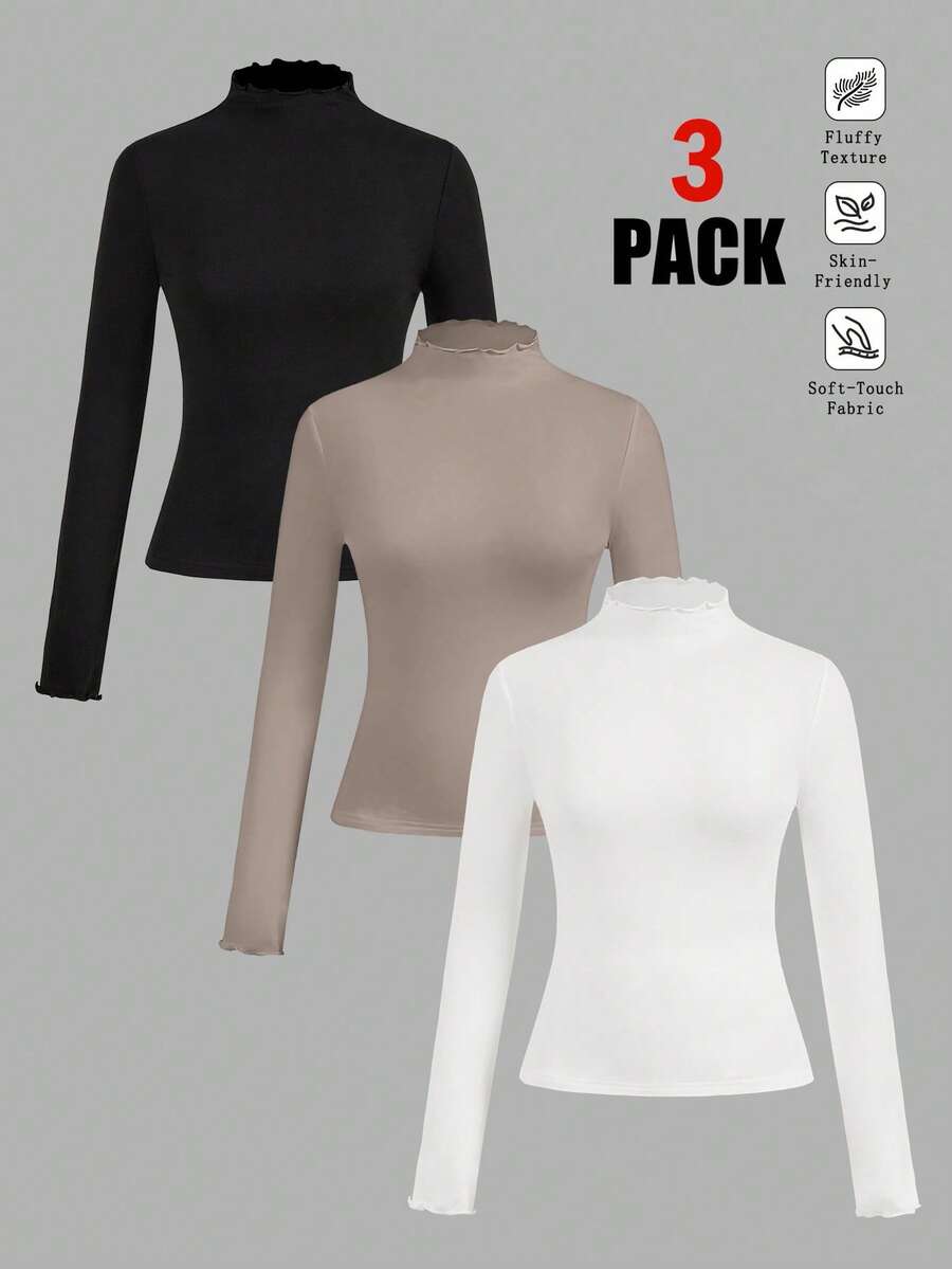 Slaydiva 3pcs/Set Casual Solid Color Versatile Layering Turtleneck Long Sleeve T-Shirt, Suitable For Autumn/Winter Fall - Multicolor - View 1
