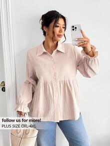 Lounesse Chemise décontractée à manches longues et ample avec boutons pour femmes grandes tailles, blouse grande taille pour un port quotidien - Nude - Voir 1