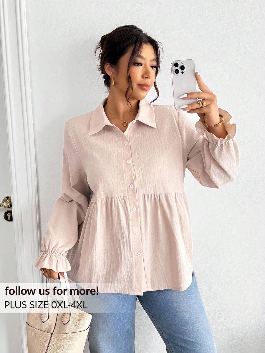 Lounesse Chemise décontractée à manches longues et ample avec boutons pour femmes grandes tailles, blouse grande taille pour un port quotidien - Nude - Voir 1