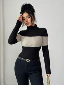 SHEIN Elenzya Camiseta de cuello alto de manga larga y ajustada con contraste de colores para mujer - Negro - Ver 7