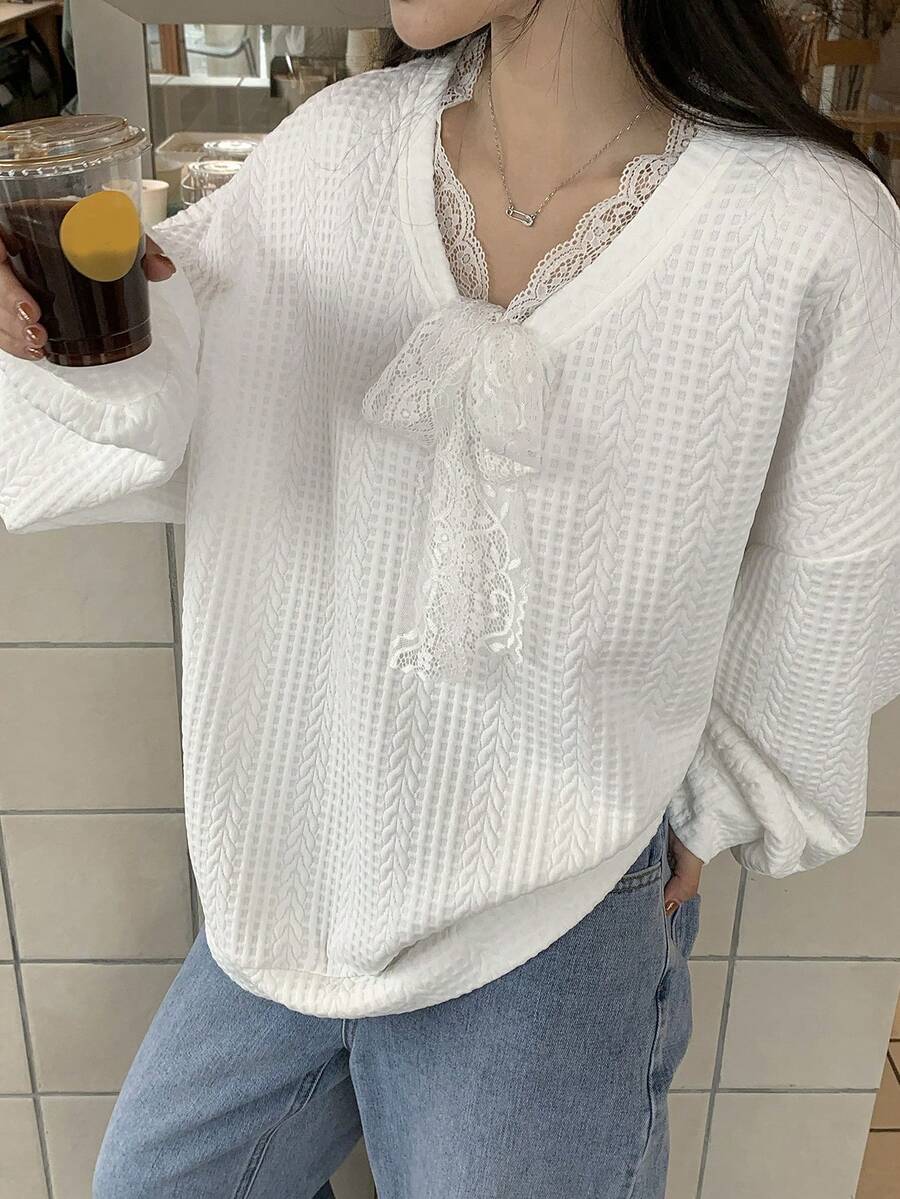 DAZY Women's V-Neck Lace Ribbon Patchwork Textured Loose Pullover Sweatshirt - White - View 1