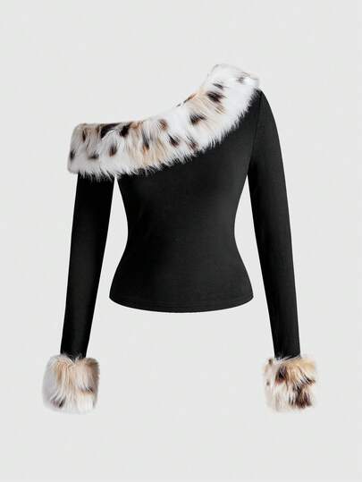 ROMWE Avant Women's Retro Basic Oblique Shoulder Faux Fur Splice Contrast Color Tight Sexy Long Sleeve T-Shirt
