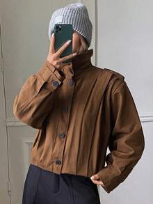 DAZY Vintage American Street Pleated Design Loose Casual Jacket, Versatile Short Outerwear For Women - Brown - View 3