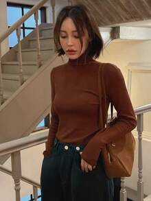 DAZY Blusa feminina de gola alta e manga comprida, ideal para usar em camadas no outono/inverno. - Ferrugem Marrom - Ver 7