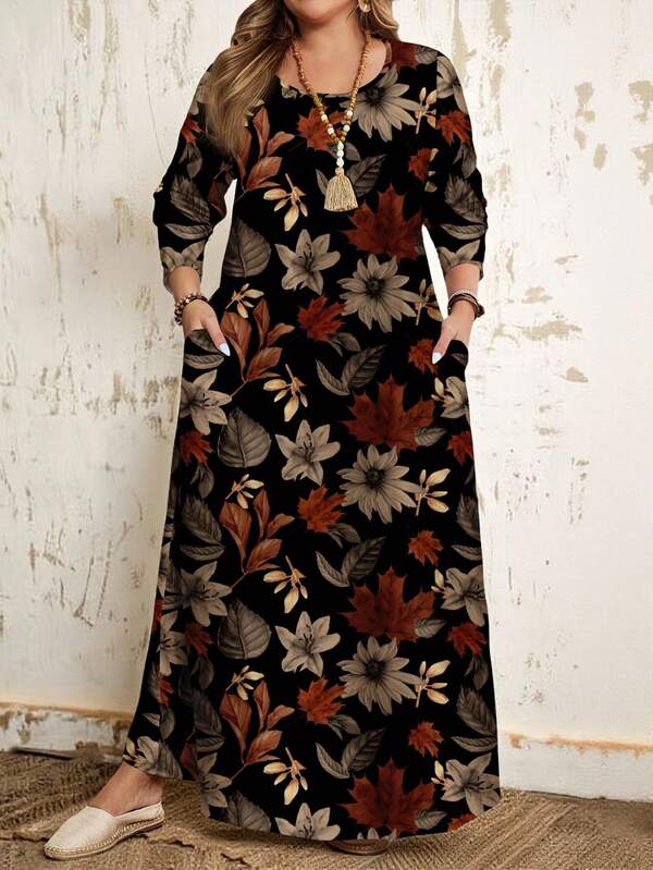 Mellowie Women's Plus Size Long Sleeve Floral Dress: Fall Maxi Dress With Pockets, Autumn And Winter Casual Style,Beach Dress Sundress,Holiday Outfits Boho Chic Dress